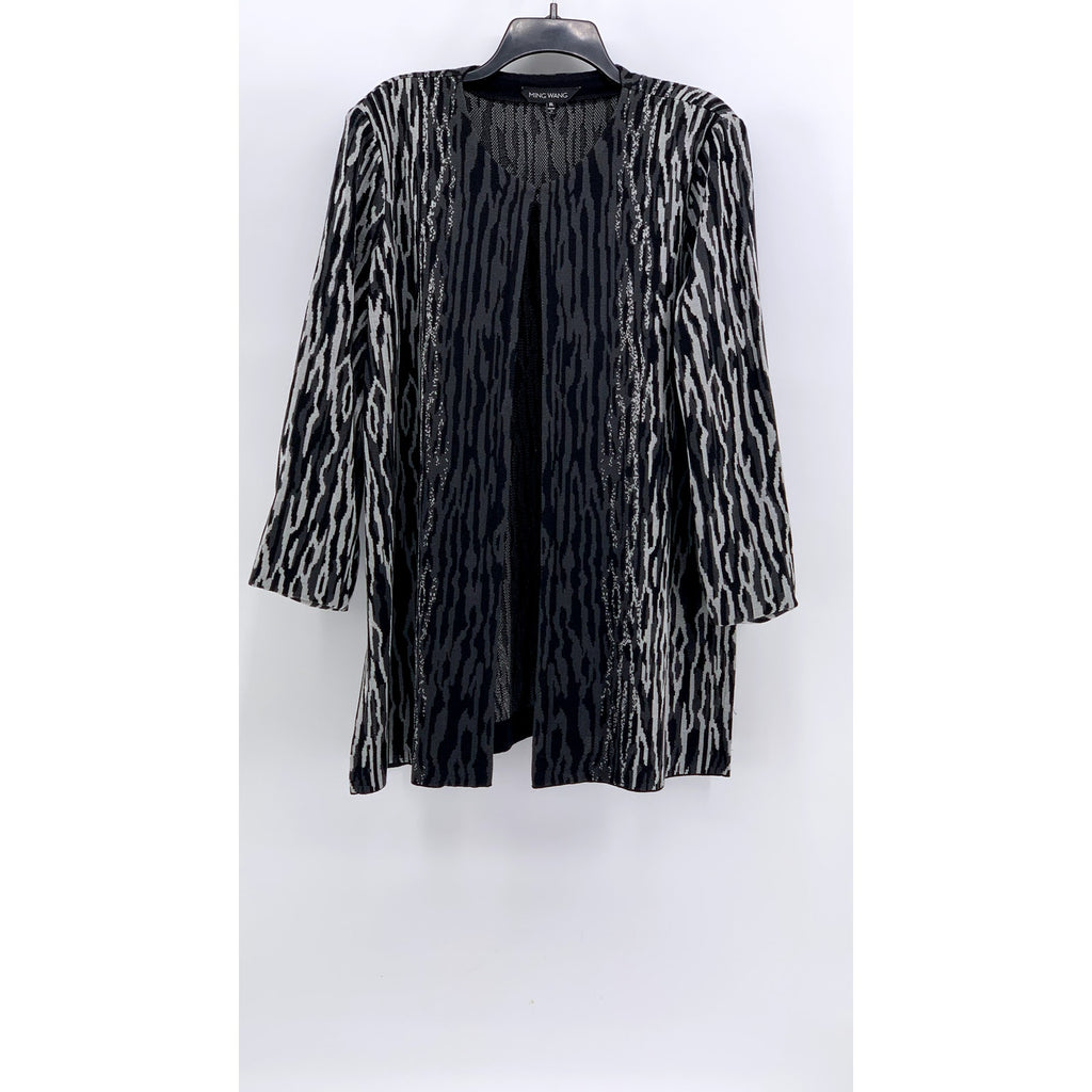 MING WANG Women's Black-Gray Animal Print Open-Front Padded Top SZ XL