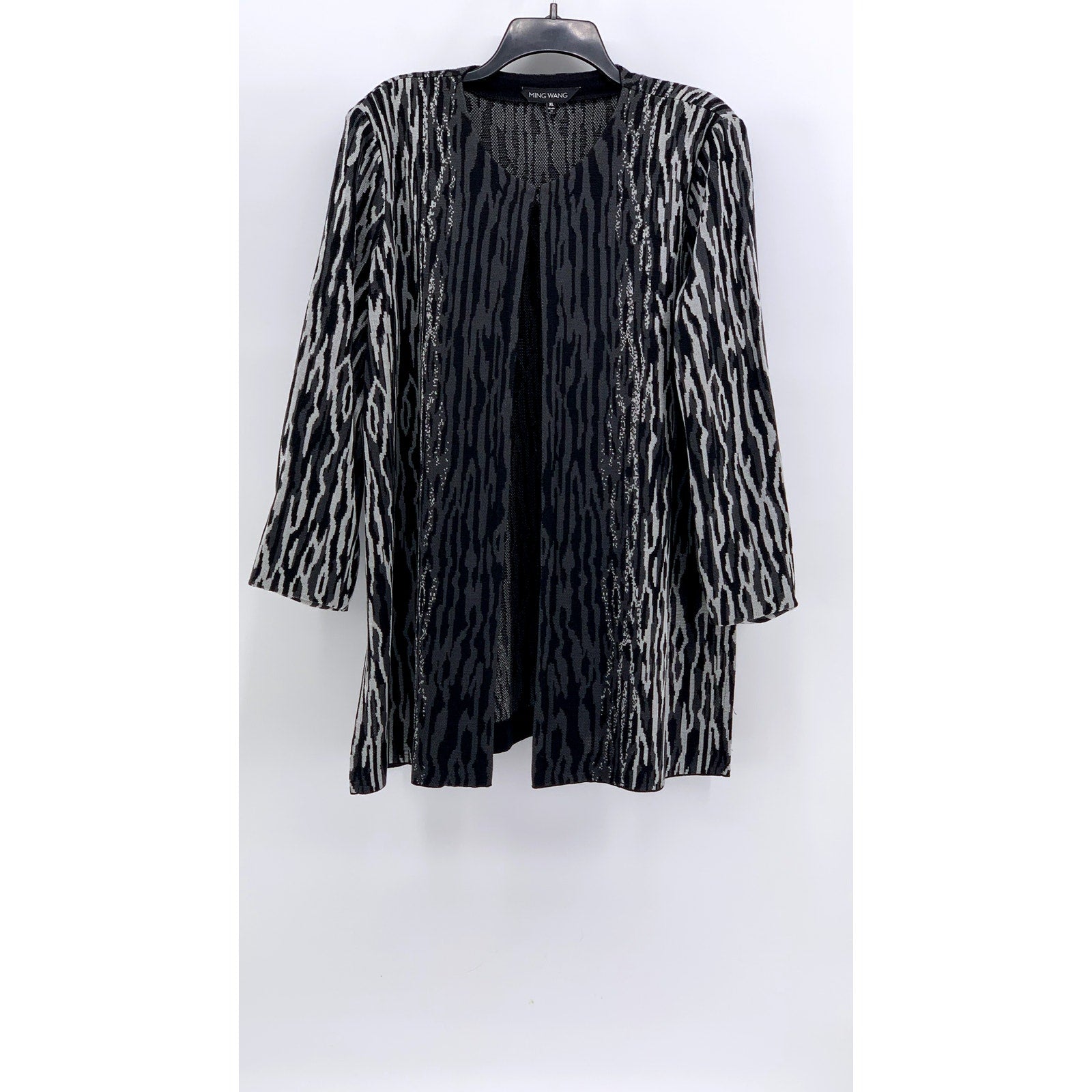 MING WANG Women's Black-Gray Animal Print Open-Front Padded Top SZ XL