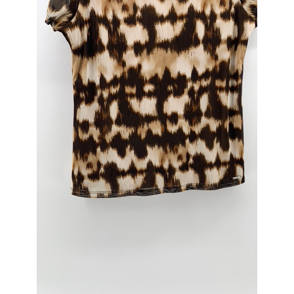 CALVIN KLEIN Women's Brown-Black Abstract Print Short Sleeve Crewneck Top M