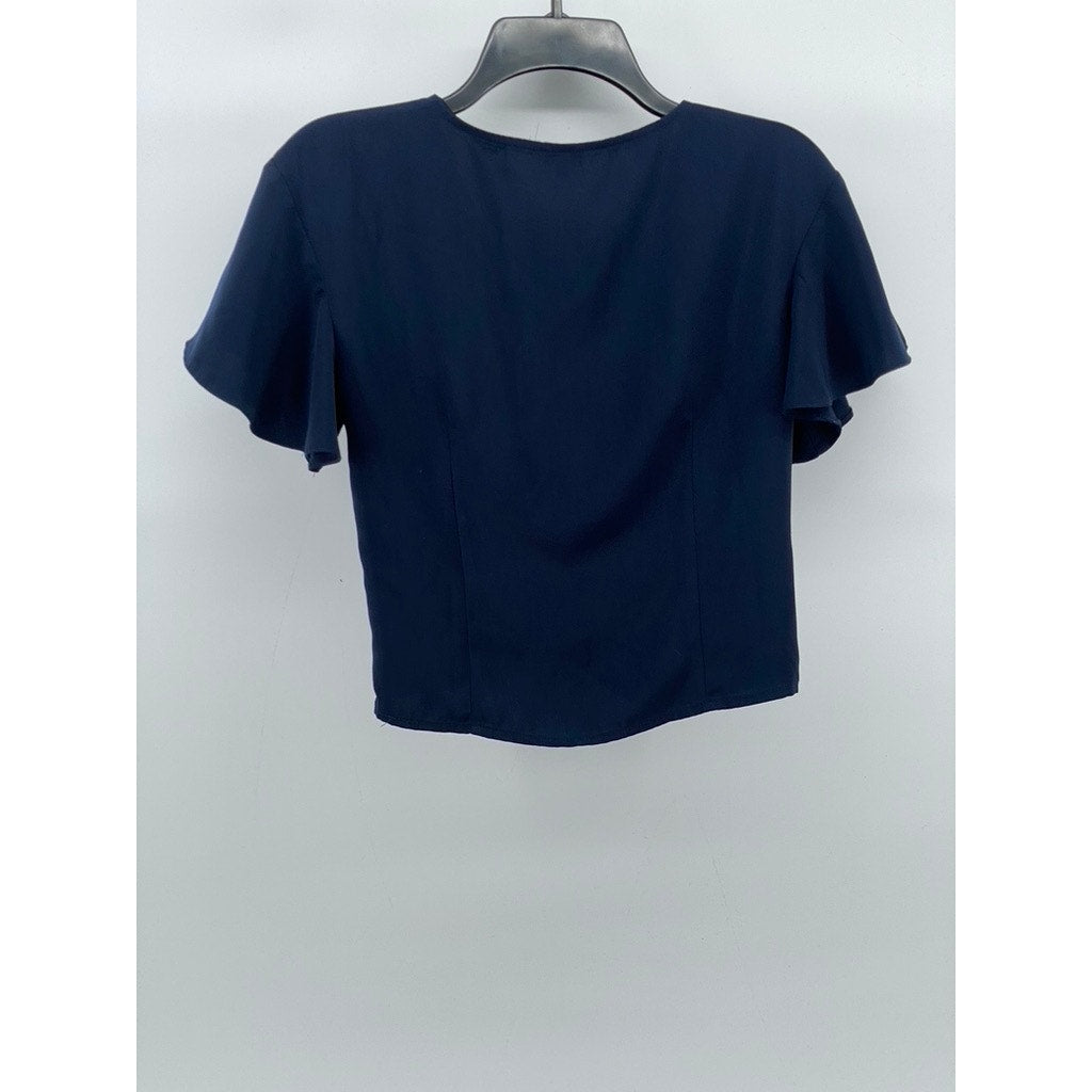 POMELO Women’s Navy Blue Front Knot Short Sleeve Crop Top SZ L