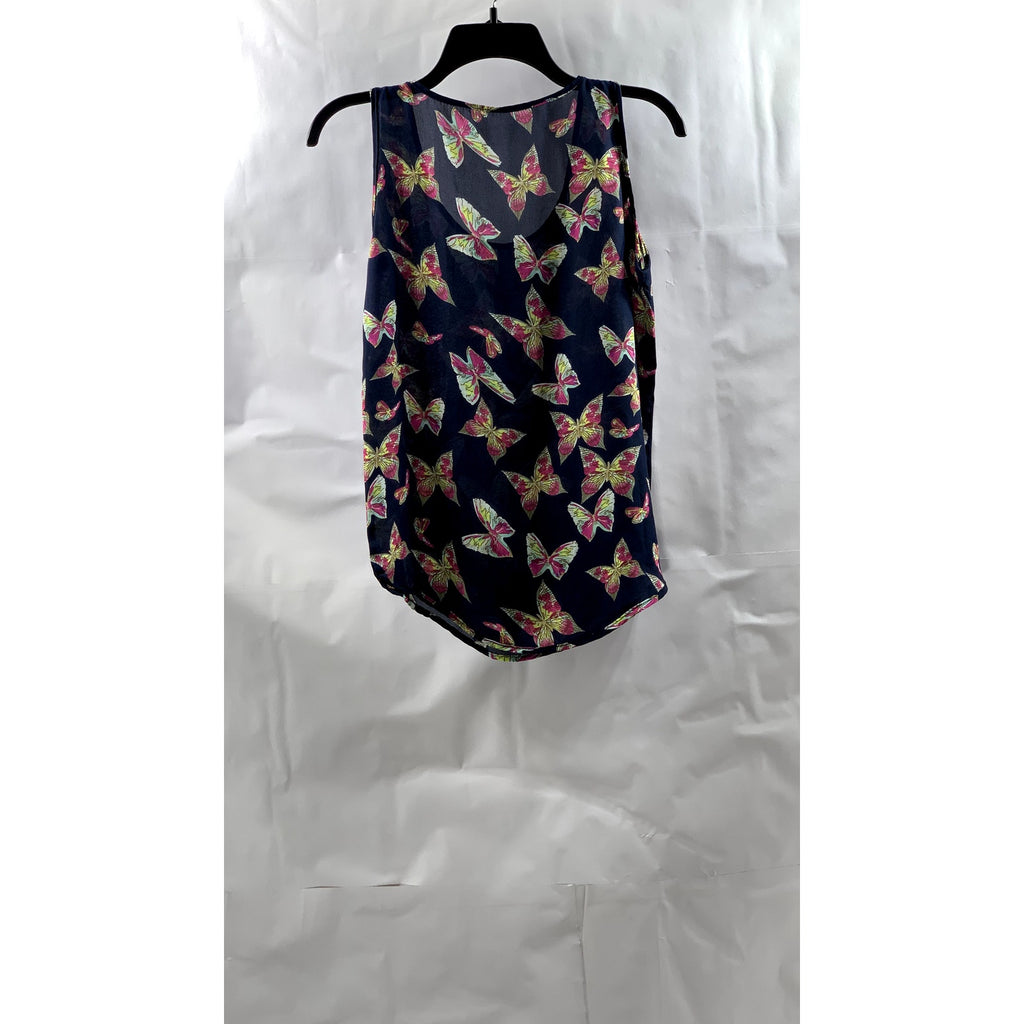UNBRANDED Women’s Navy Sheer Scoop-Neck Butterfly Print Sleeveless Tank Top SZ S