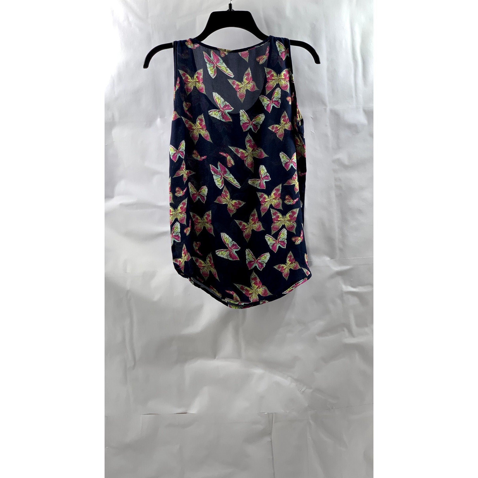 UNBRANDED Women’s Navy Sheer Scoop-Neck Butterfly Print Sleeveless Tank Top SZ S