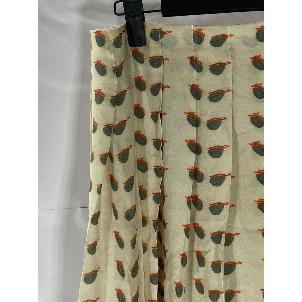HUNTER GATHER Women's Beige Glasses Print Pleated Knee Length Skirt SZ S