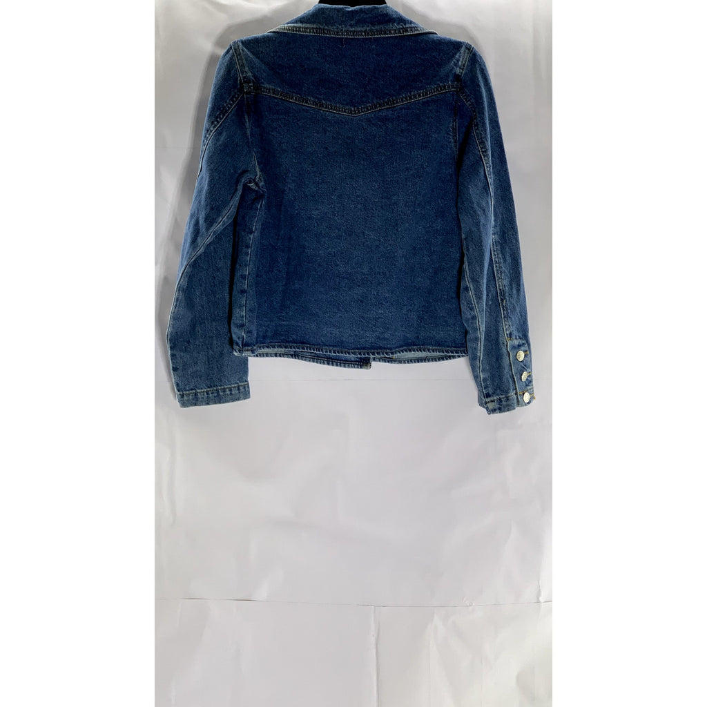 FOREVER 21 Women's Dark Blue Denim Cropped Notch Lapel Double Breasted Coat SZ S