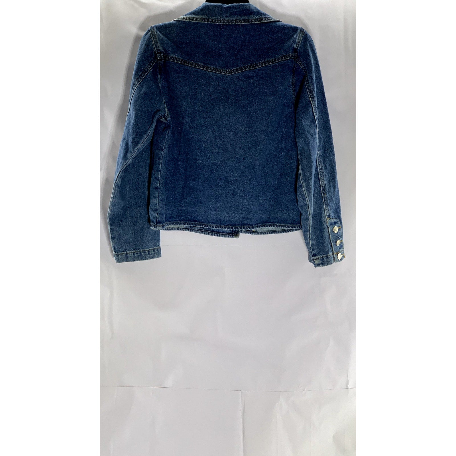 FOREVER 21 Women's Dark Blue Denim Cropped Notch Lapel Double Breasted Coat SZ S