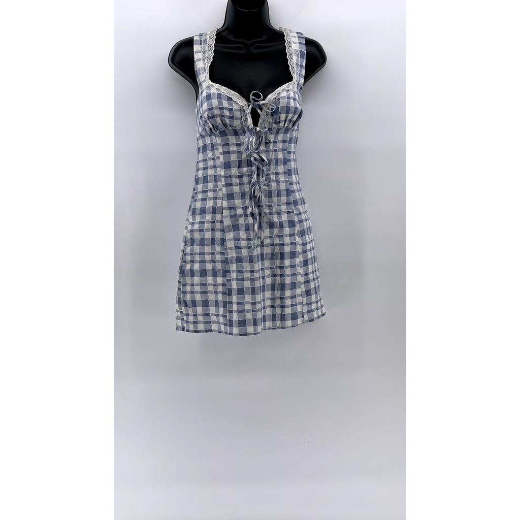 REFORMATION Women's Blue-White Checkered Reia Linen Mini Bodycon Dress SZ 0