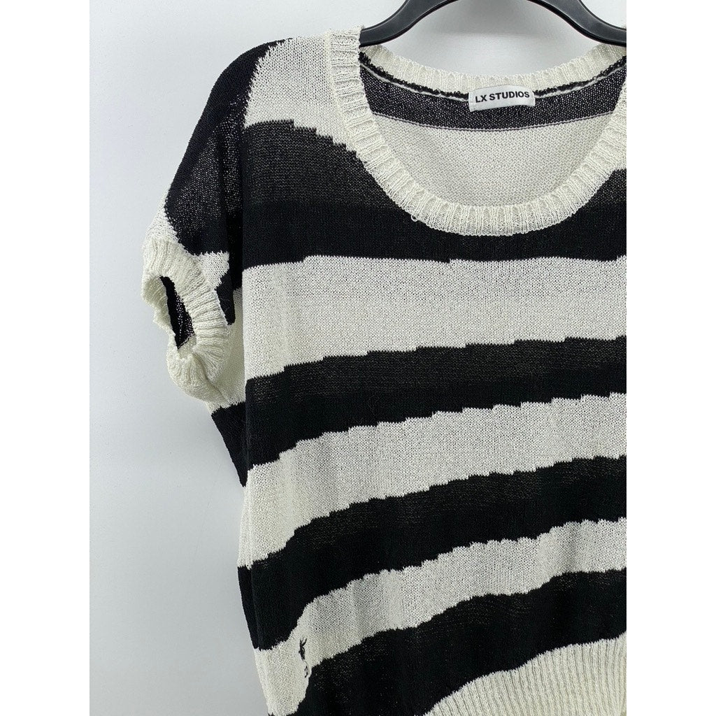 LX STUDIOS Women's Black-Cream Striped Crewneck Asymmetrical Hem Knit Top SZ S