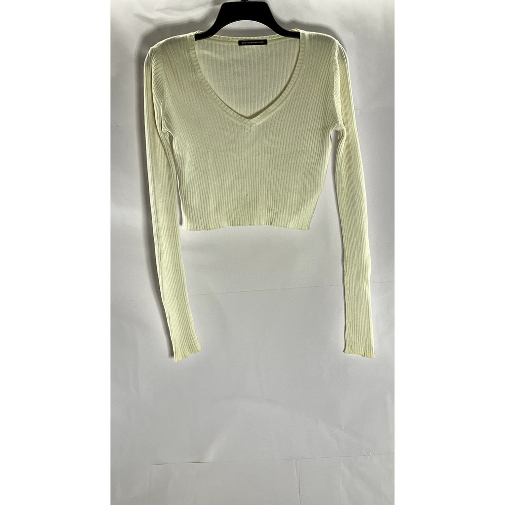 BRANDY MELVILLE Women's Cream Ribbed V-Neck Long Sleeve Crop Top SZ M