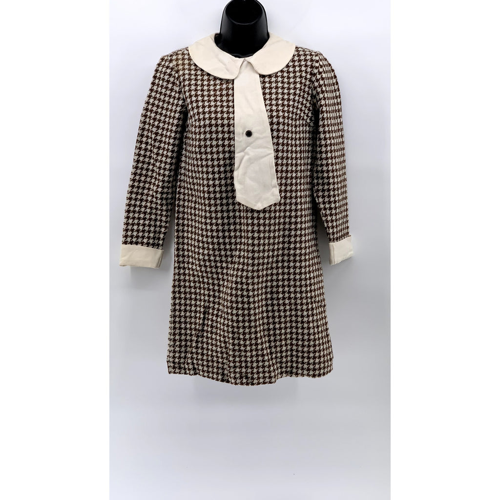 UNBRANDED Women's Brown-Cream Houndstooth Prairie Long Sleeve Sheath Dress SZ S