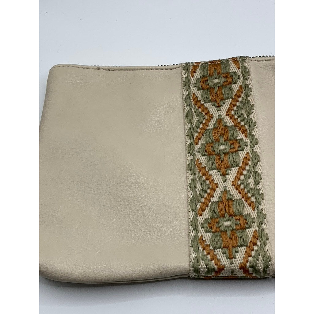 UNBRANDED Women's Beige Faux-Leather Embroidered Geo Center Stripe Wrist Bag