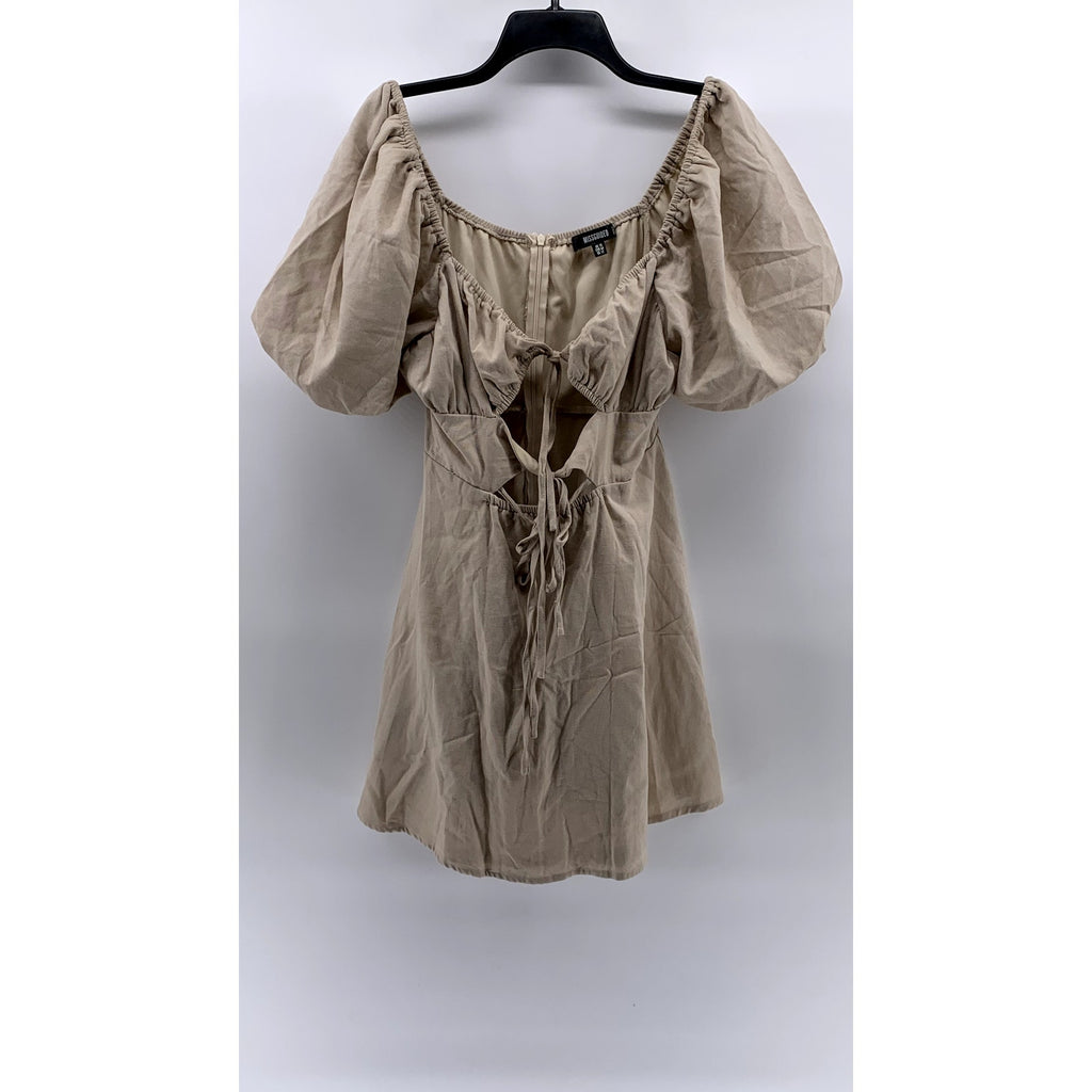 MISSGUIDED Women's Tan Cutout Puff-Short Sleeve A-Line Mini Dress SZ 12