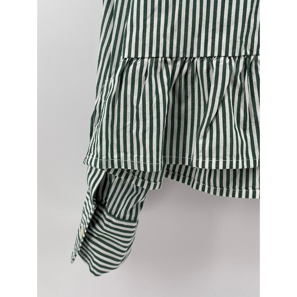 GAP Women's Green-White Striped Ruffle Hem Button-Up Long Sleeve Top SZ S