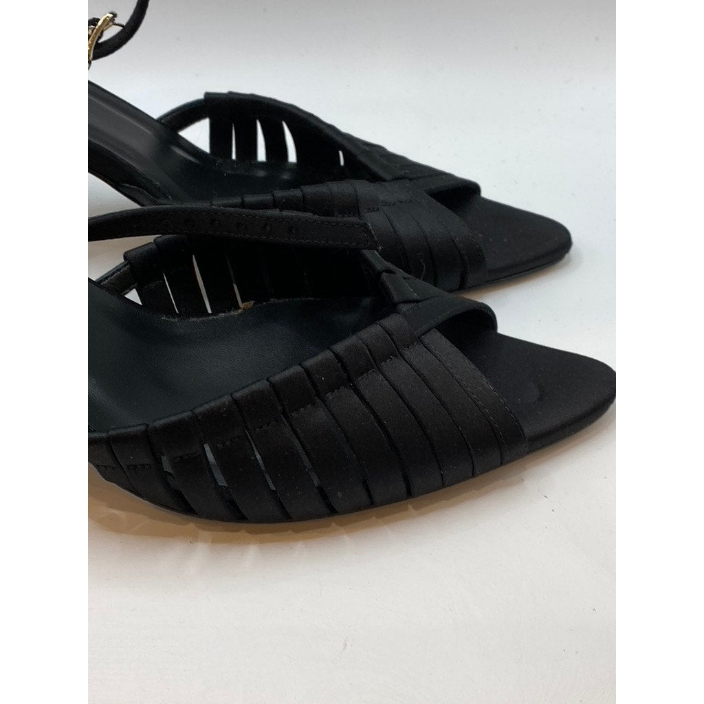 J.CREW Women's Black Satin Strappy Peep-Toe Ankle Strap Heeled Sandals SZ 8.5