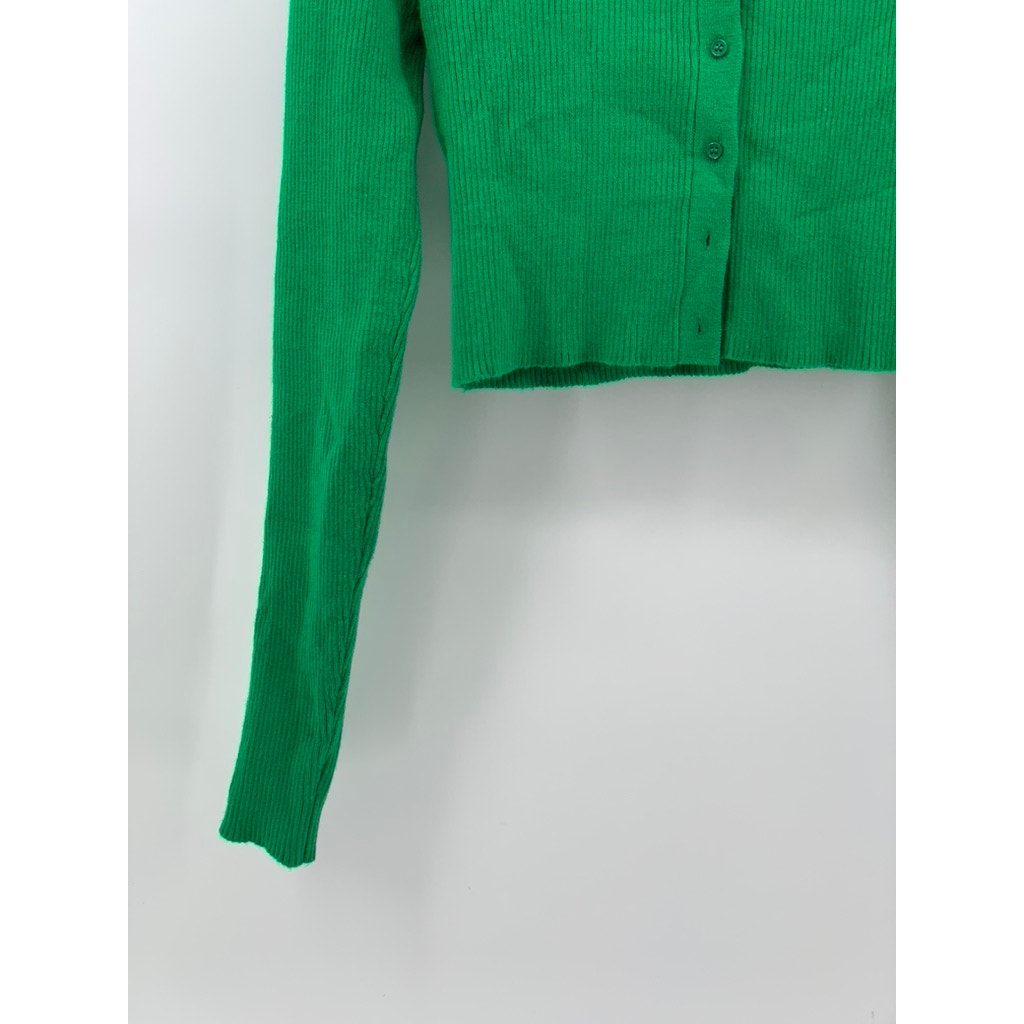 TWIN Women's Dark Green Ribbed Button-Up Long Sleeve Cropped Top SZ M