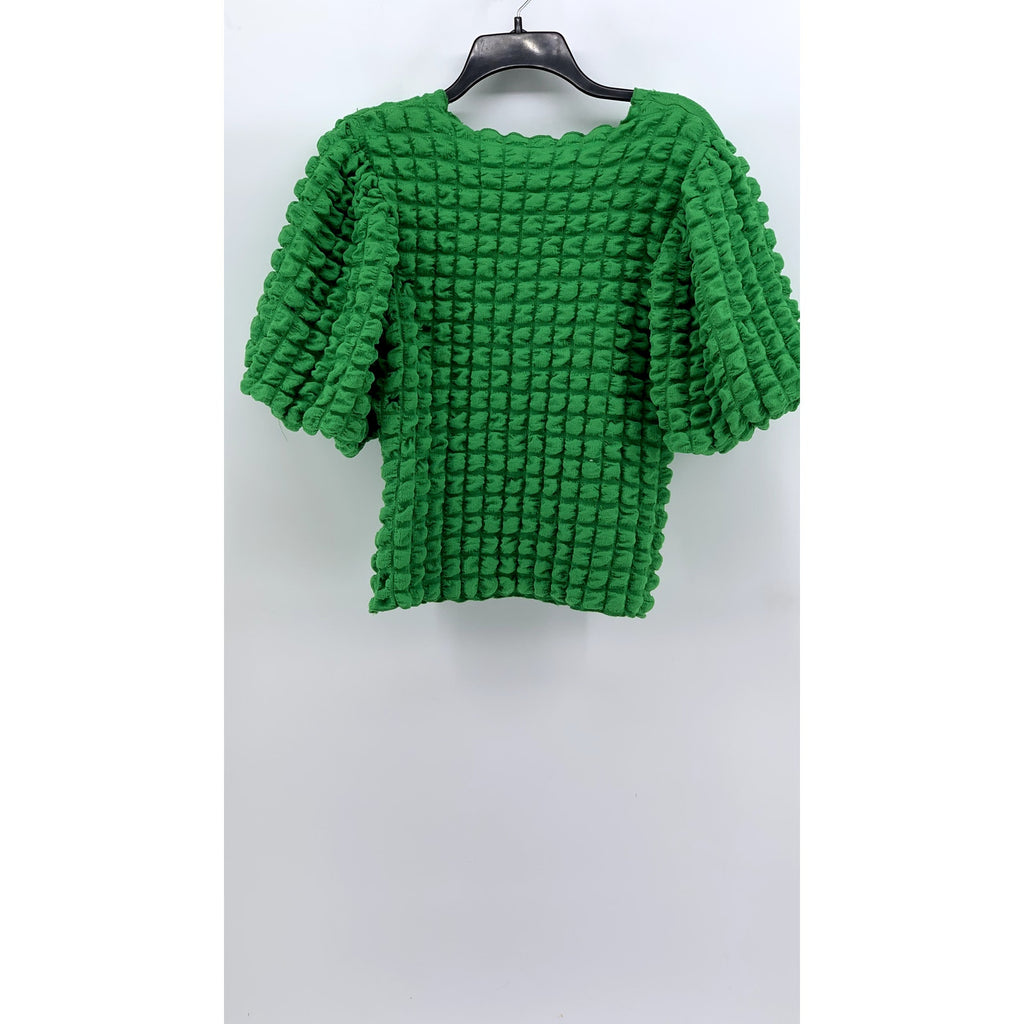 DALIN. Women's Green Textured Puff-Elbow Sleeve Top SZ M