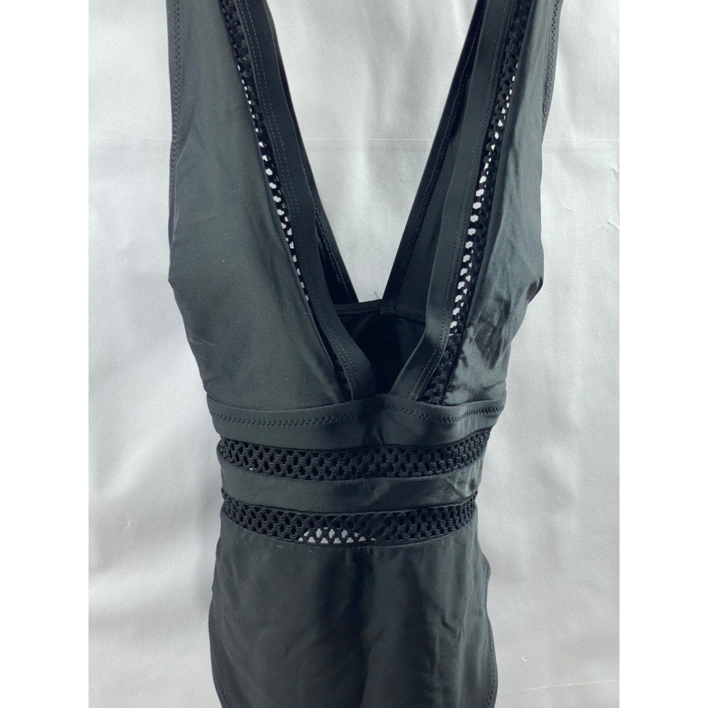 UNBRANDED Women's Black Eyelet Deep V-Neck Cross-Back Bathing Suit SZ S