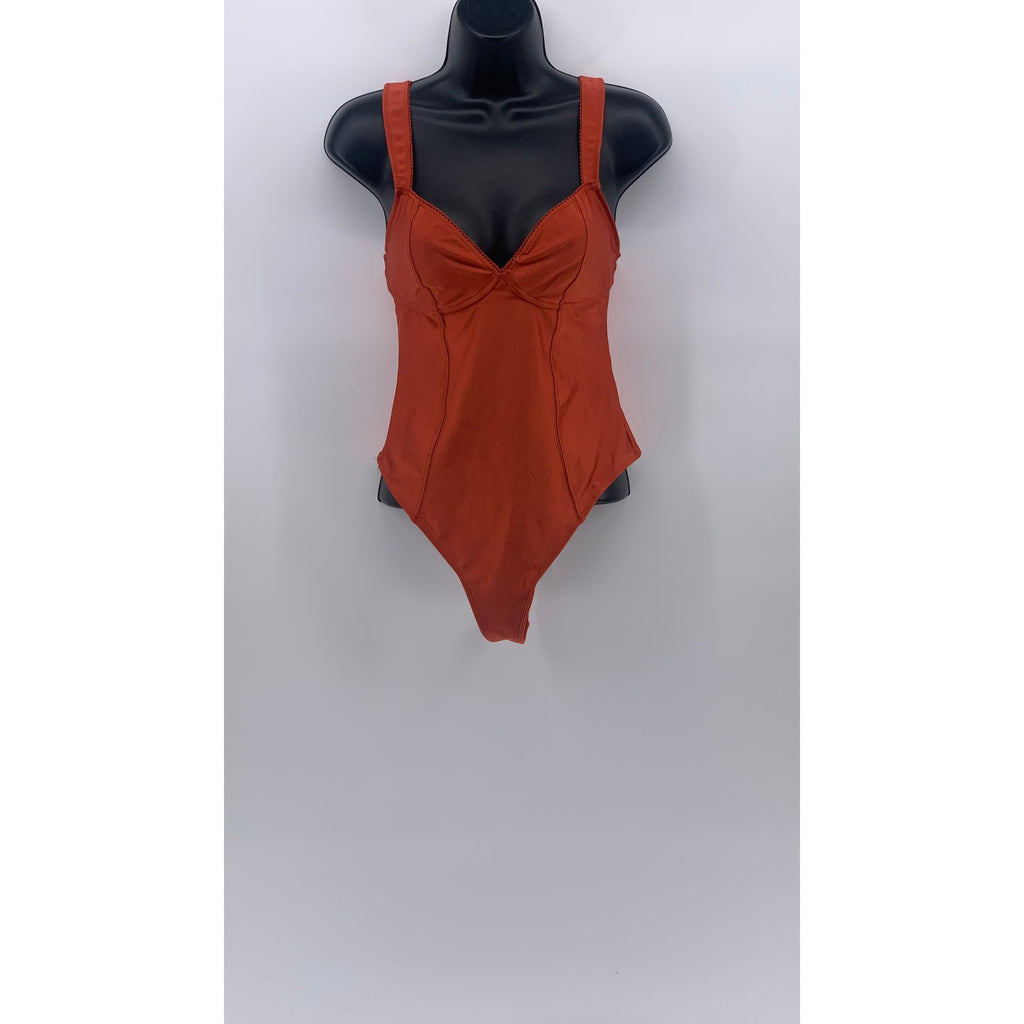 OUT FROM UNDER Women's Dark Orange V-Neck Eyelet Corset Thong Bodysuit SZ M