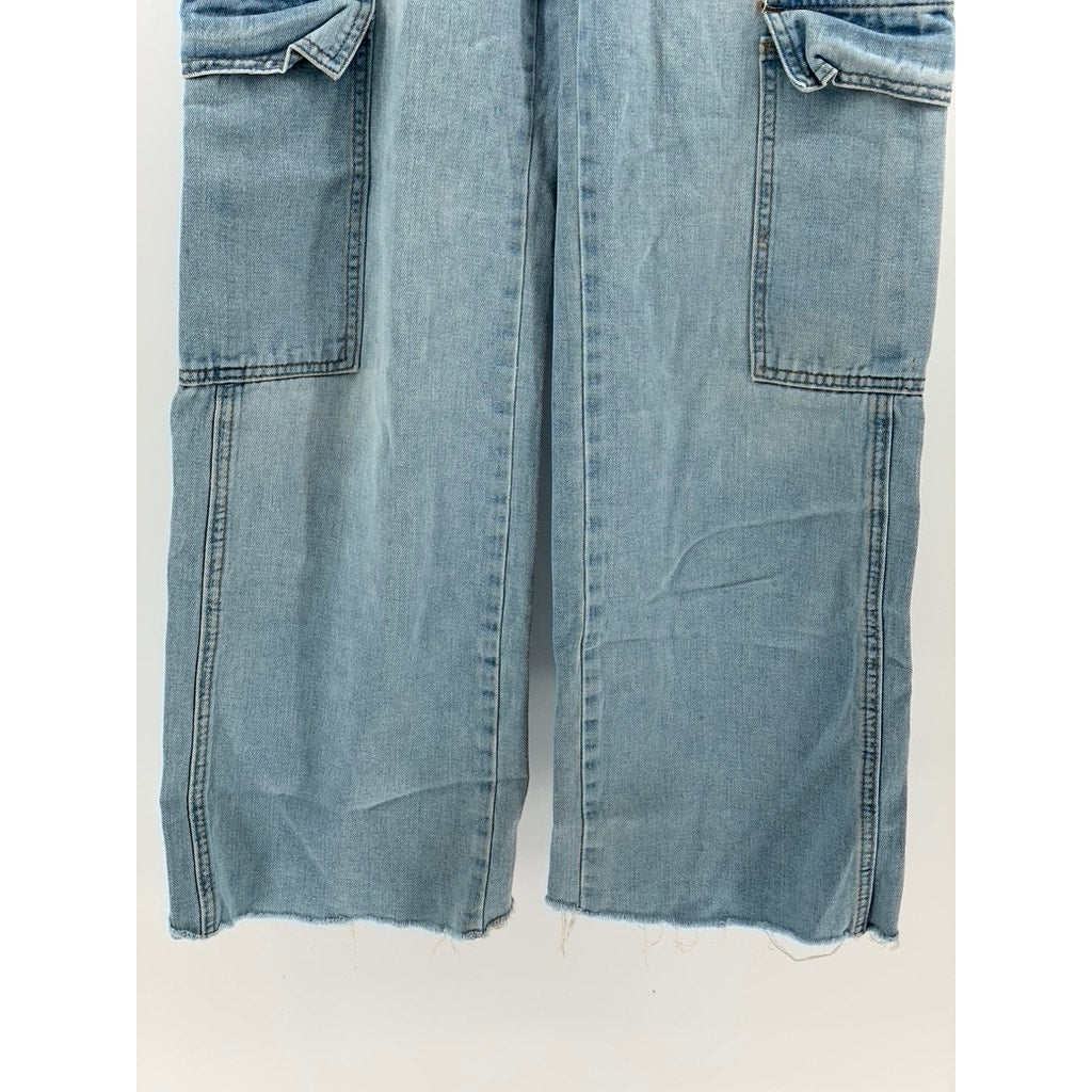 SHEIN Women's Light Blue Denim Baggy Fit High-Rise Cargo Carpenter Jeans SZ 2