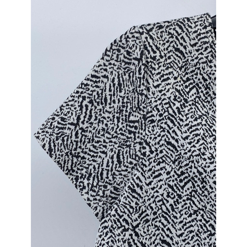 SEED Women's Black-White Printed Crewneck Short Sleeve Knee-Length Dress SZ S