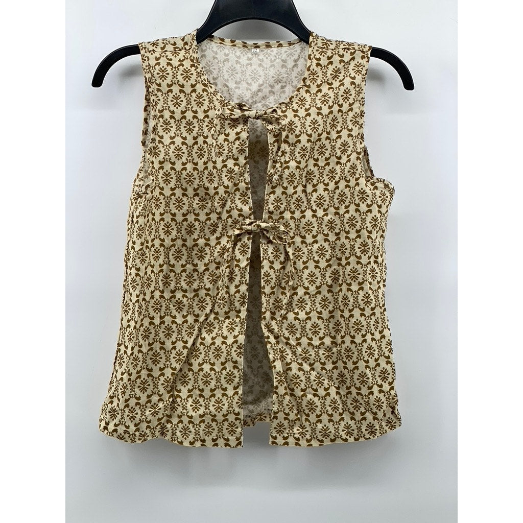 UNBRANDED Women's Tan Printed Tie-Front Sleeveless Top SZ M