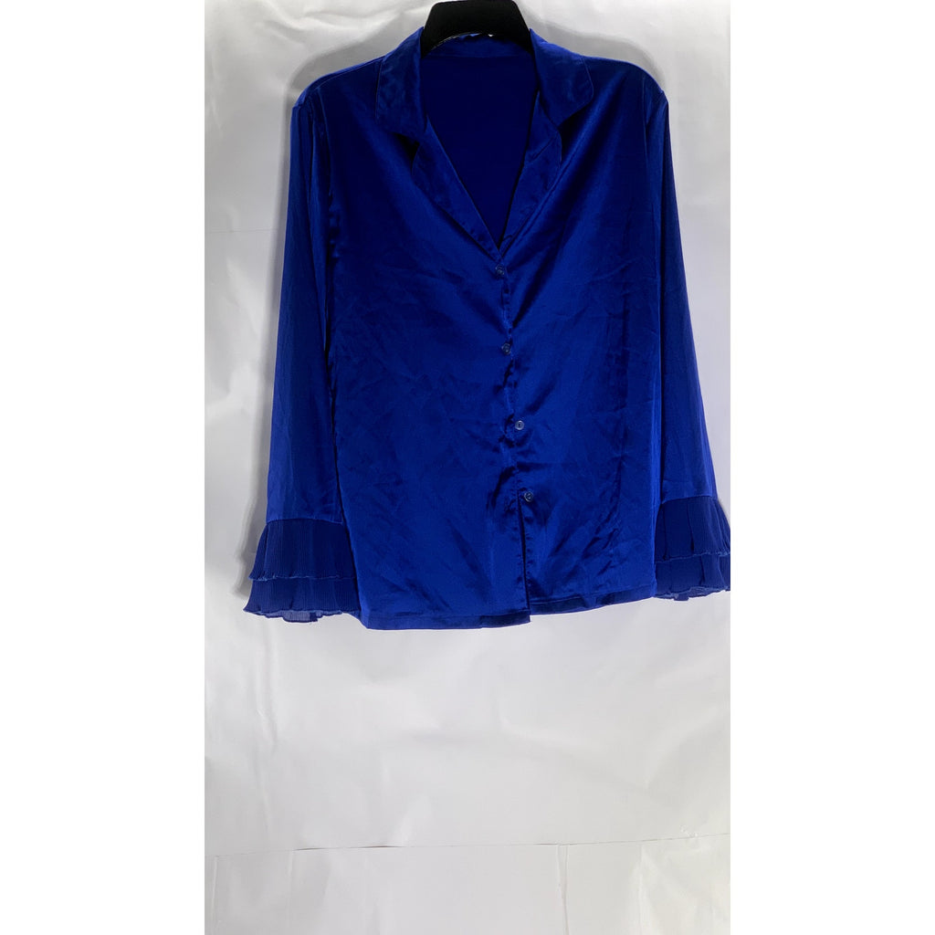 SHEIN Women's Royal Blue Satin Button-Up Ruffle Tiered Long Sleeve Top SZ S