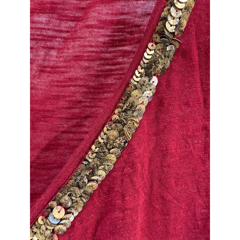 LUCKY BRAND Women's Burgundy Sequin V-Neck Sweater SZ L
