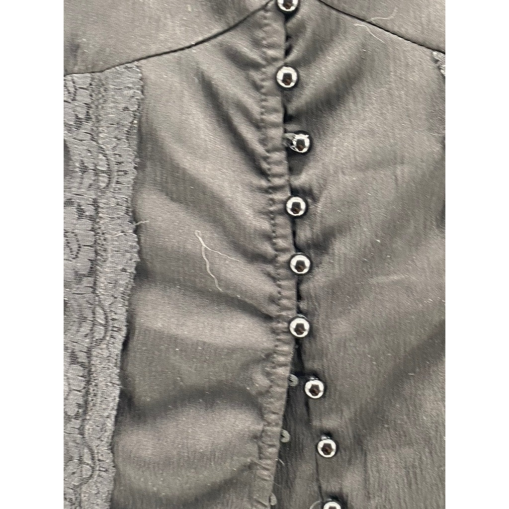 MISS XU Women's Black Lace-Trim V-Neck Button-Up Tank Top SZ S