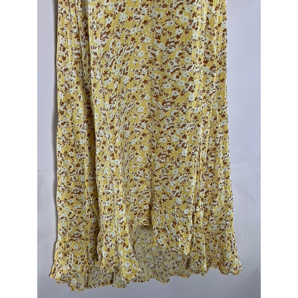 ABERCROMBIE & FITCH Women's Yellow Floral V-Neck Tie-Strap Midi Dress SZ M