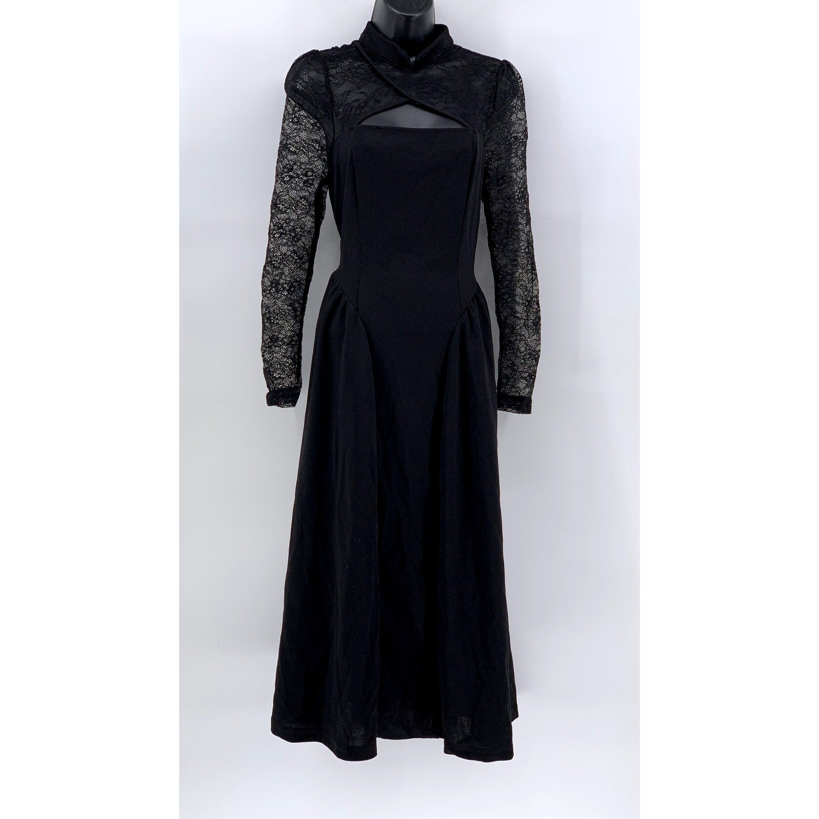 SHEIN Women's Black Lace-Trim Long Sleeve Maxi Dress SZ 6