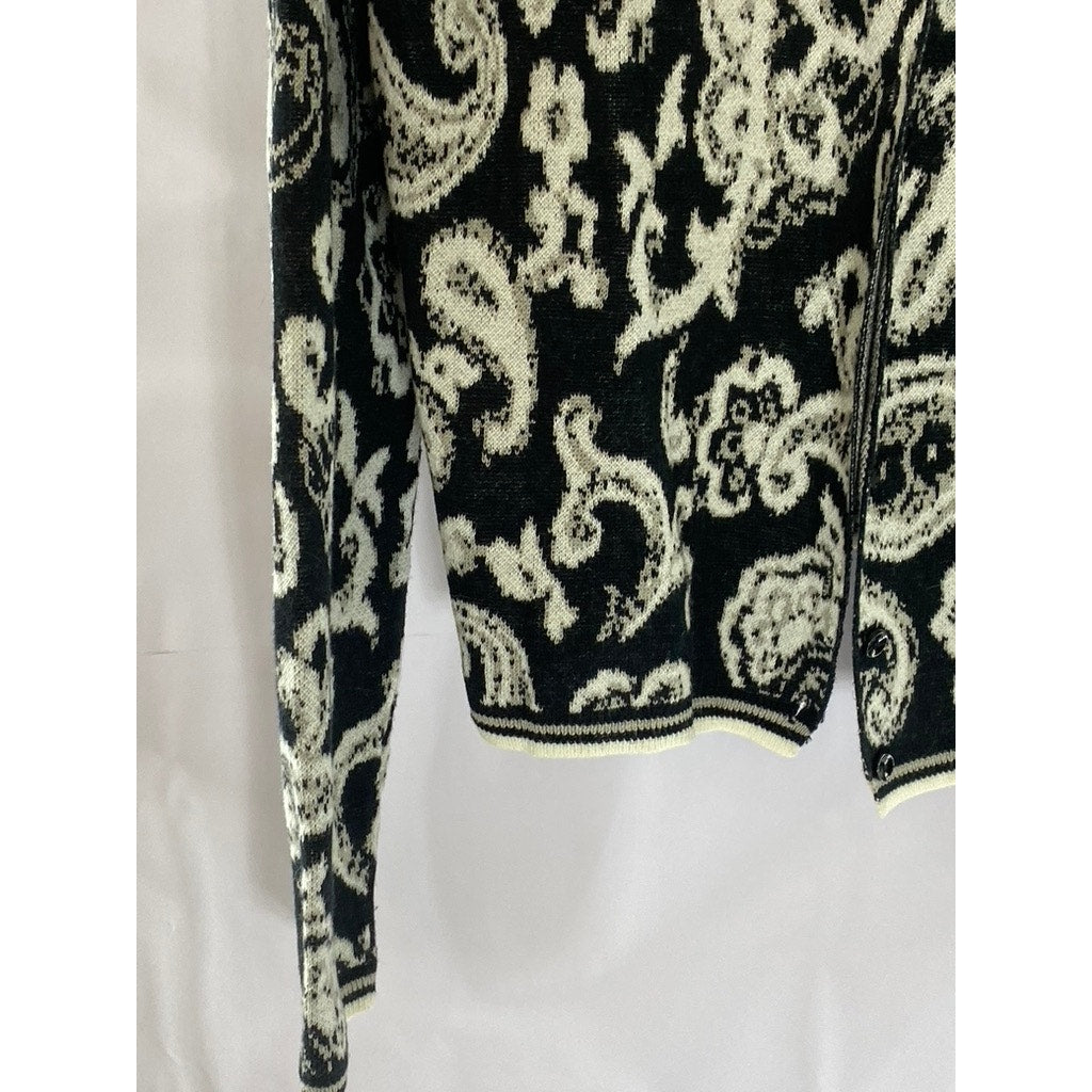 PREMISE STUDIO Women's Black/Cream Paisley Print Button-Up Knit Cardigan SZ M