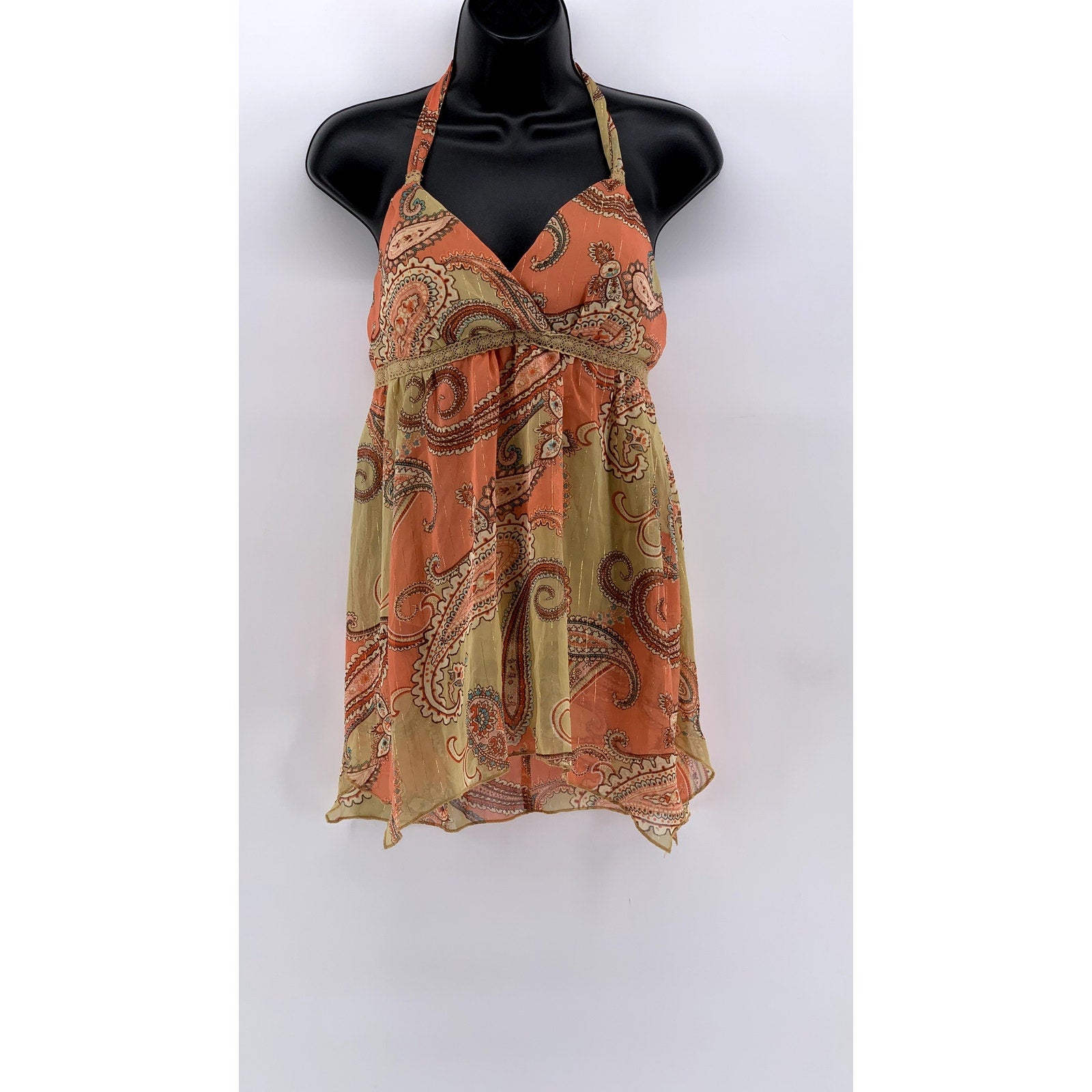 JORDACHE Juniors' Orange Paisley Vintage Y2K Sheer Tank Top SZ L