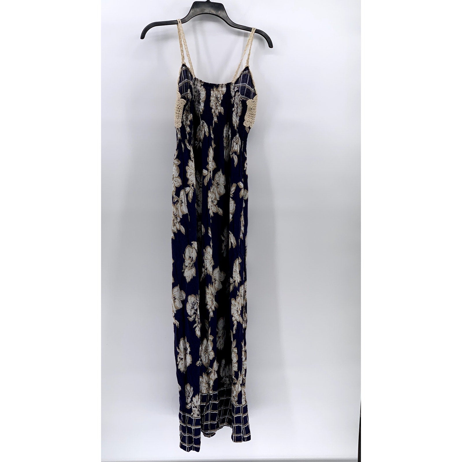 UNBRANDED Women's Blue Beige Printed Crochet Knit V-neck Maxi Dress SZ S