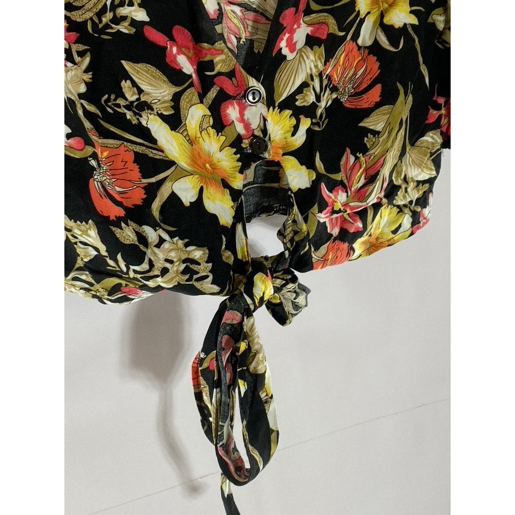 SEEK THE LABEL Women's Black Floral Tie-Front Tiered Short Sleeve Crop Top SZ XS