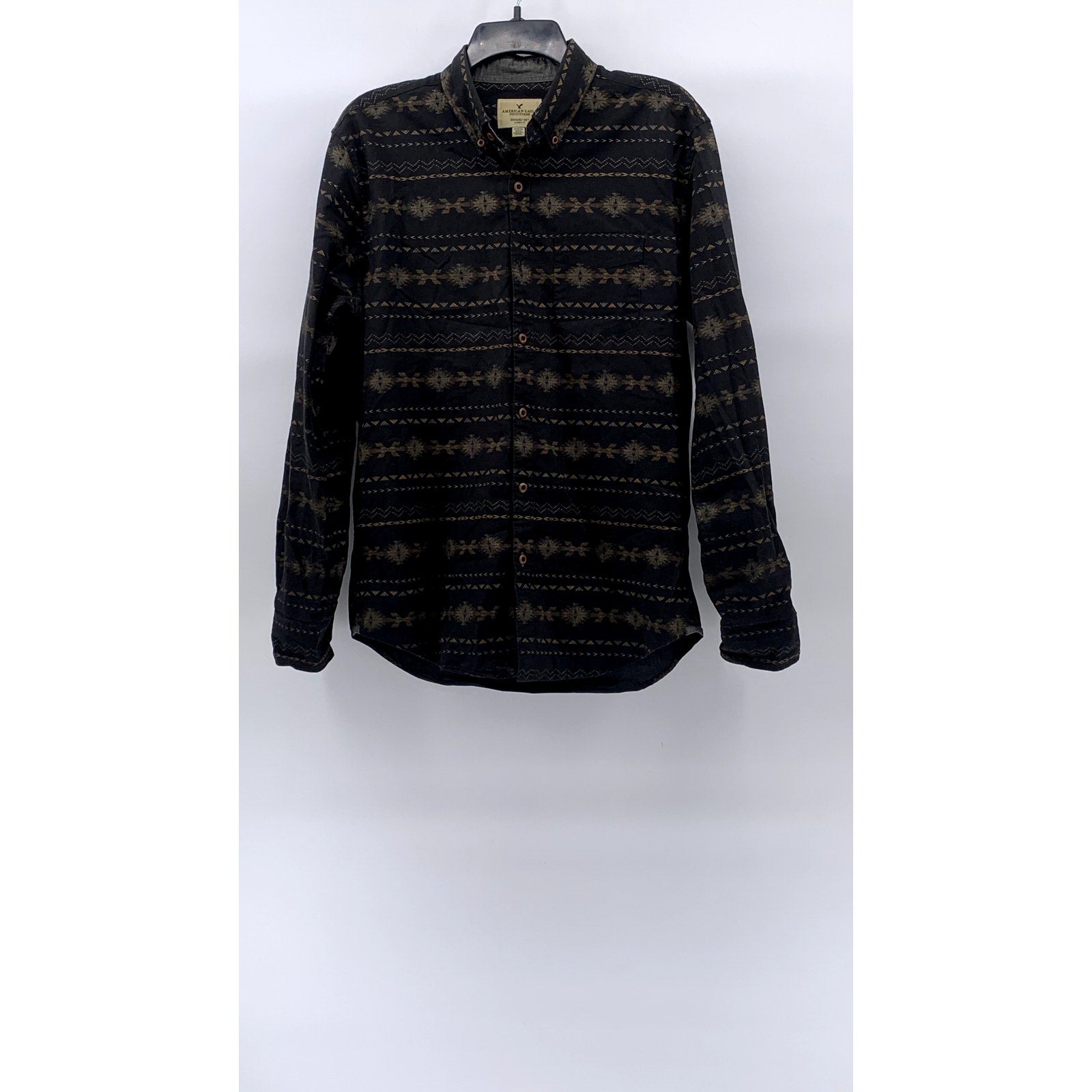 AMERICAN EAGLE Men's Black-Beige Printed Classic-Fit Button-Up Shirt SZ M