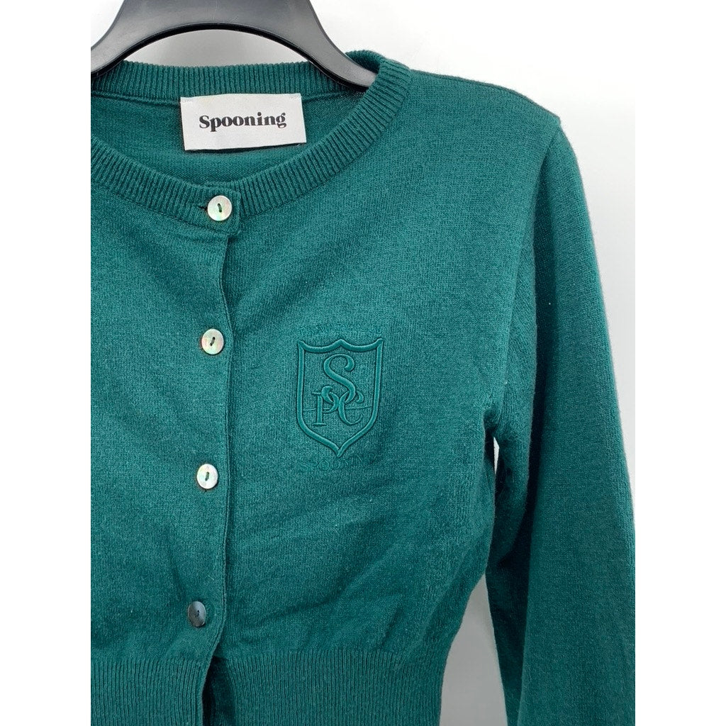 SPOONING Women's Green Knit Wool Primary Club Button-Up Cropped Cardigan SZ S