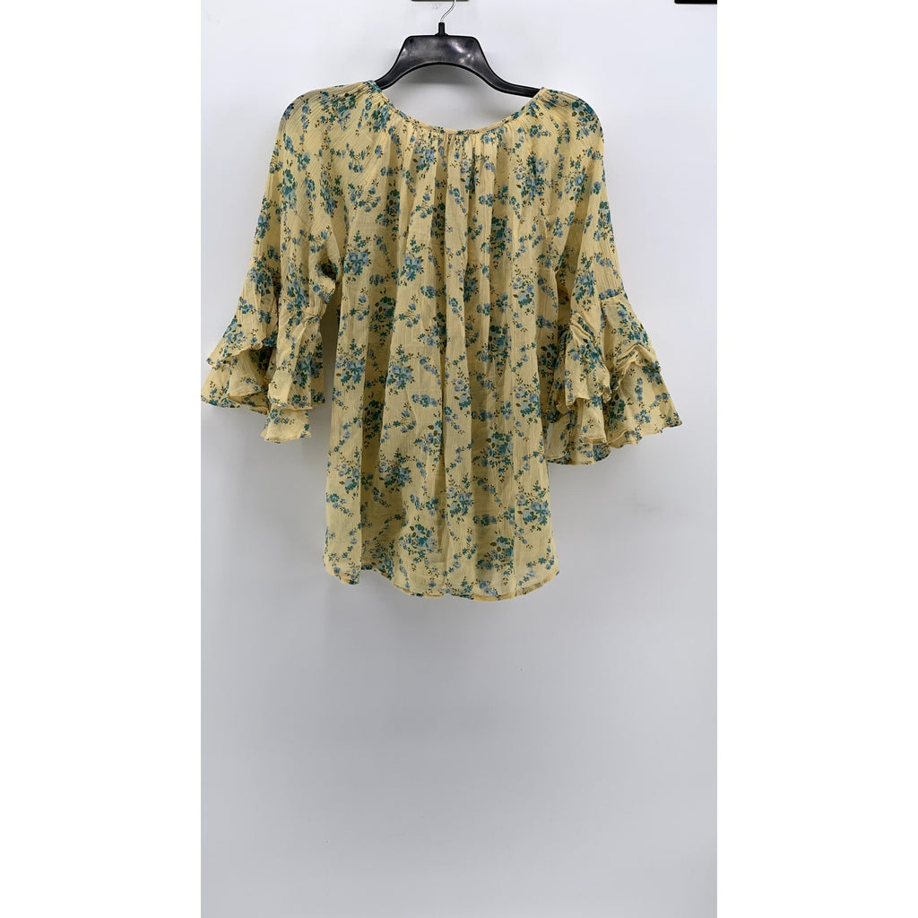 CHAPS Women's Yellow Floral Ruffle Sleeve Top SZ M