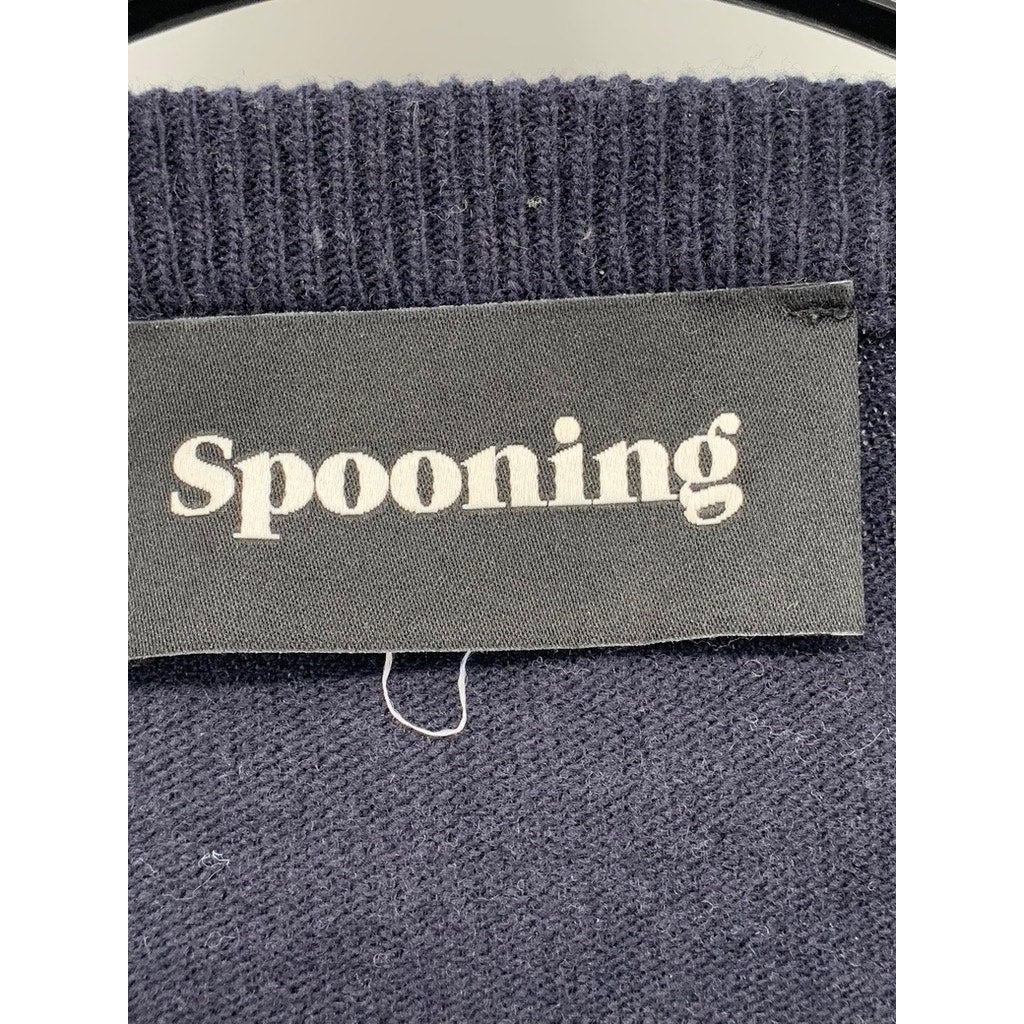 SPOONING Women's Navy Blue Knit Wool Primary Club Button-Up Cropped Cardigan SZS