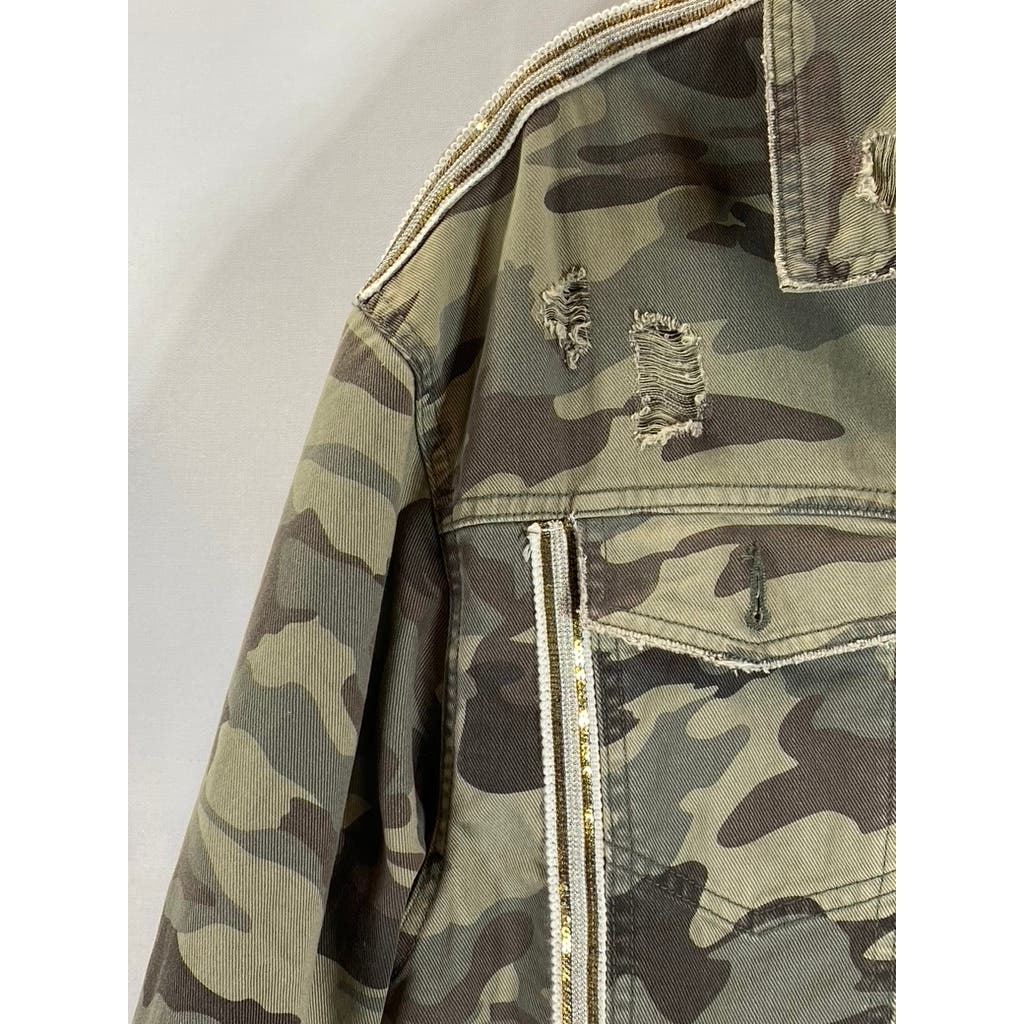 ZARA Z1975 DENIM Women's Green Camo Sequin Distressed Button-Up Jacket SZ M