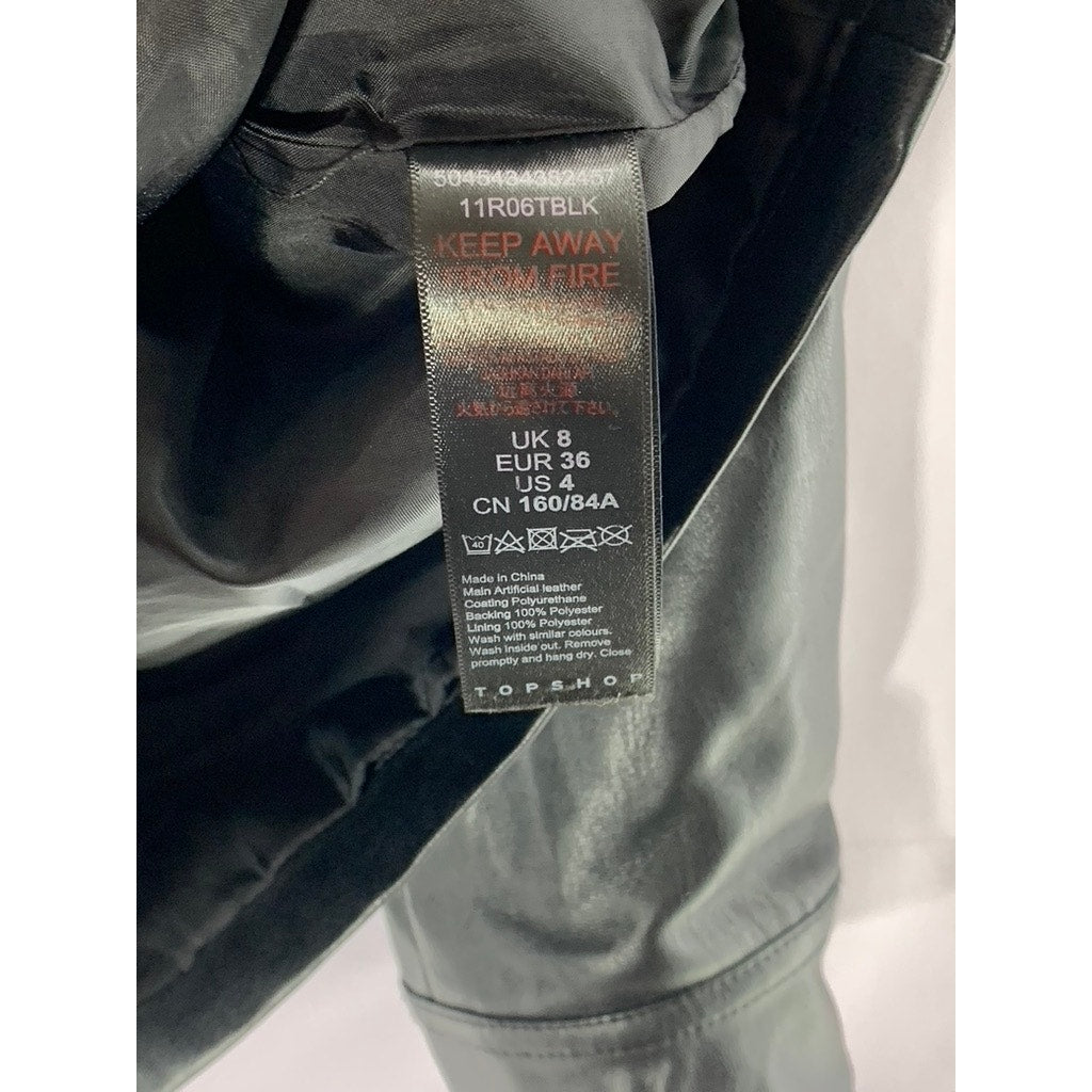 TOPSHOP Women's Black Faux-Leather Button-Up Long Sleeve Boxy Jacket SZ 4