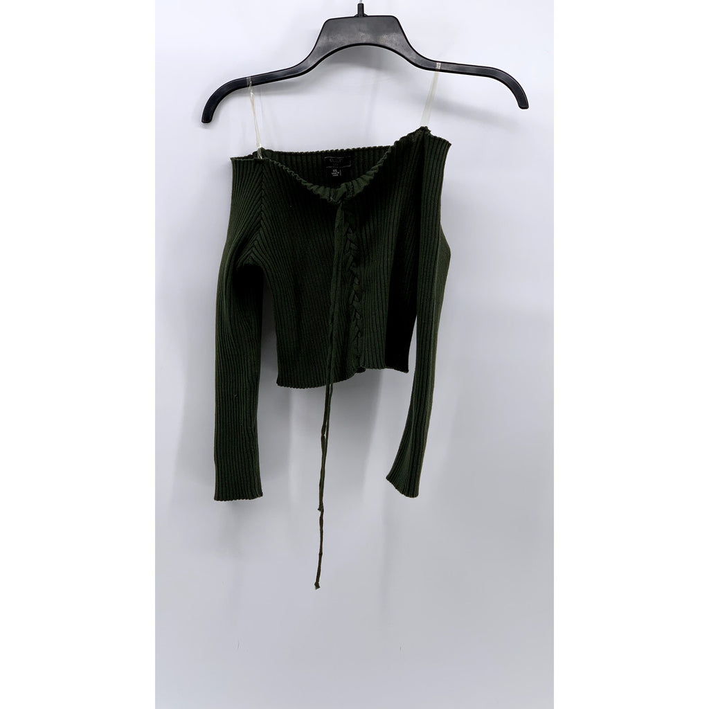 CHOCOLATE USA Women's Green Ribbed Long Sleeve Off-The-Shoulder Lace-Up Top SZML