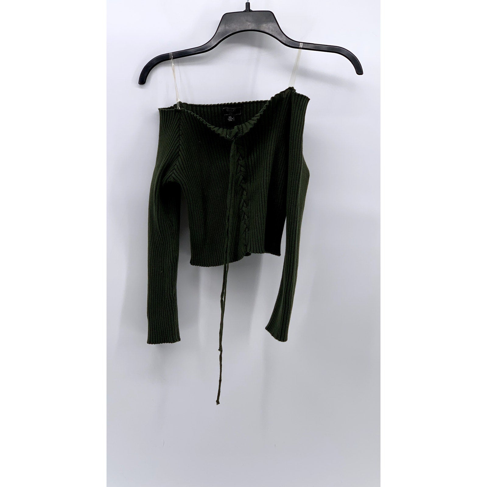 CHOCOLATE USA Women's Green Ribbed Long Sleeve Off-The-Shoulder Lace-Up Top SZML