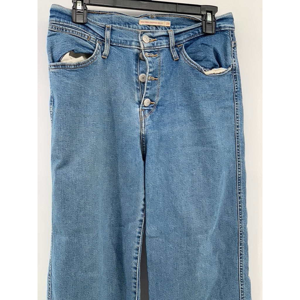LEVI'S Women's Blue Denim Mile High Wide-Leg Button-Fly Cropped Jeans SZ 28