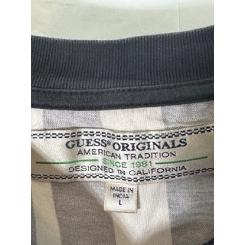 GUESS Men's Burgundy/Black Striped Vintage Crewneck Original Logo T-Shirt SZ L