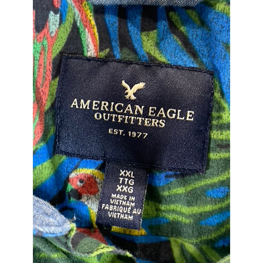 AMERICAN EAGLE OUTFITTERS Men's Green Tropical Parrot Button-Up Shirt SZ 2XL