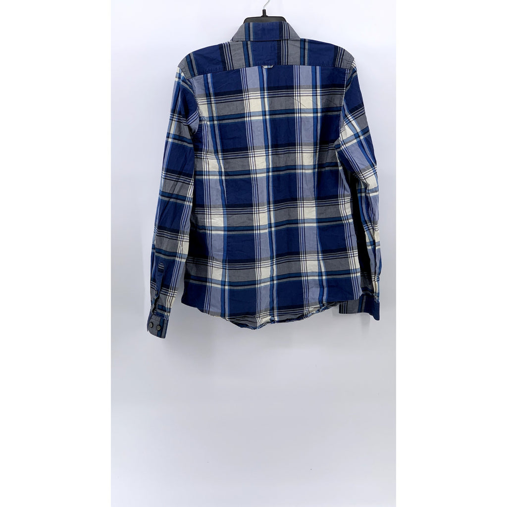 EXPRESS Men's Blue-White Plaid Fitted Cotton Button-Up Long Sleeve Shirt SZ M