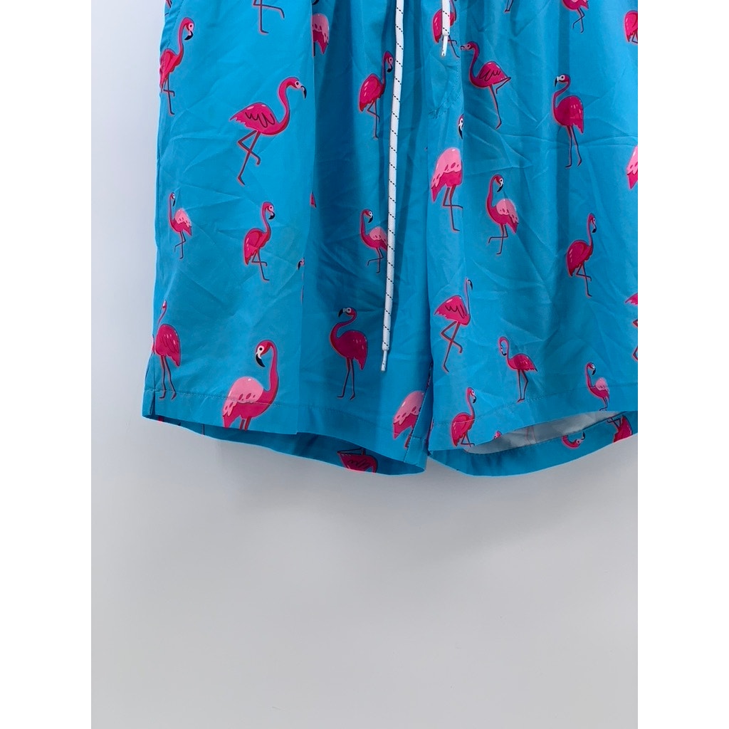 UNBRANDED Men's Light Blue Pink Flamingo Print Drawstring Waist Shorts SZ M