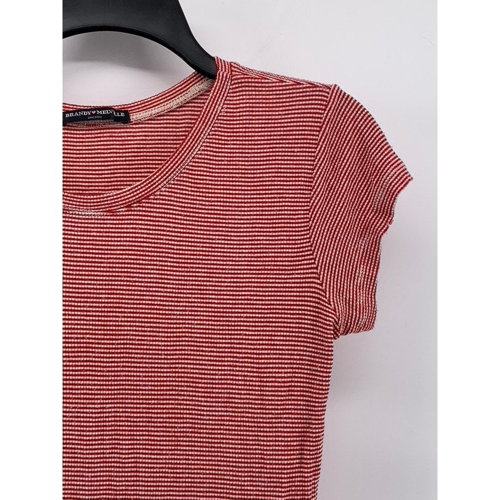 BRANDY MELVILLE Women's Red Ribbed Striped Crewneck Short Sleeve Top SZ OS