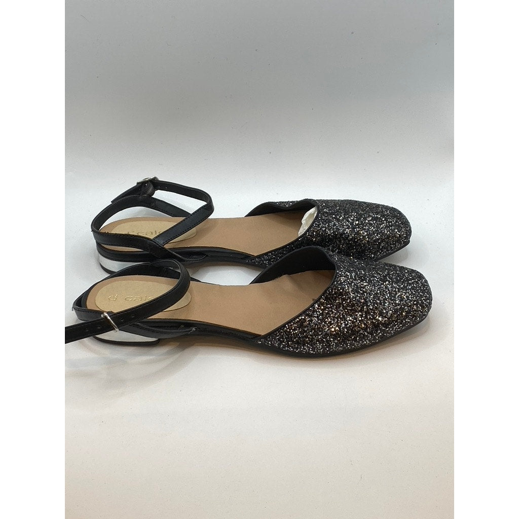 D'CALETA Women's Black Sequin Embellished Closed Toe Ankle Strap Flats SZ 9.5