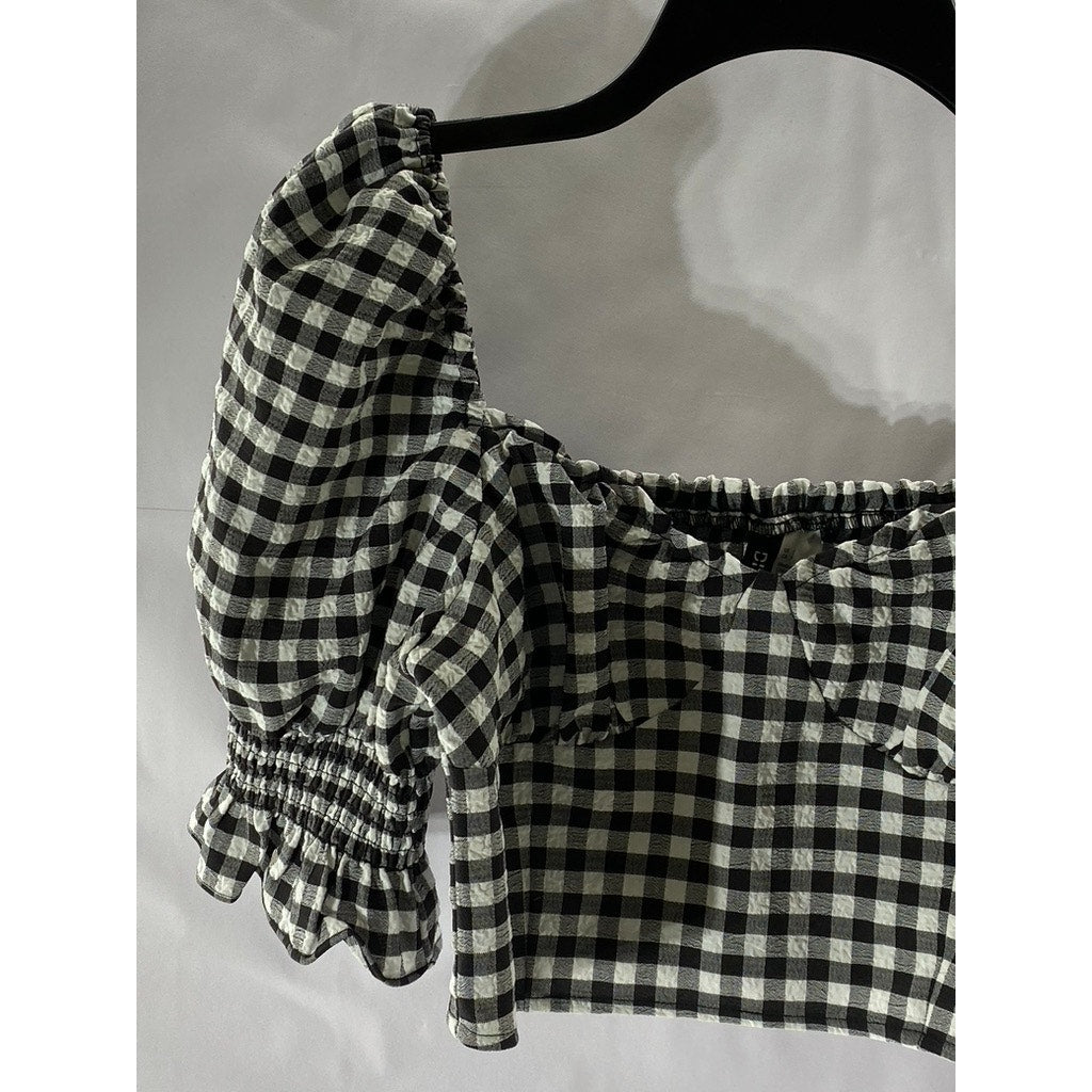 DIVIDED By H&M Women’s Black-White Checkered Sweetheart Neck Puff Crop Top SZ S