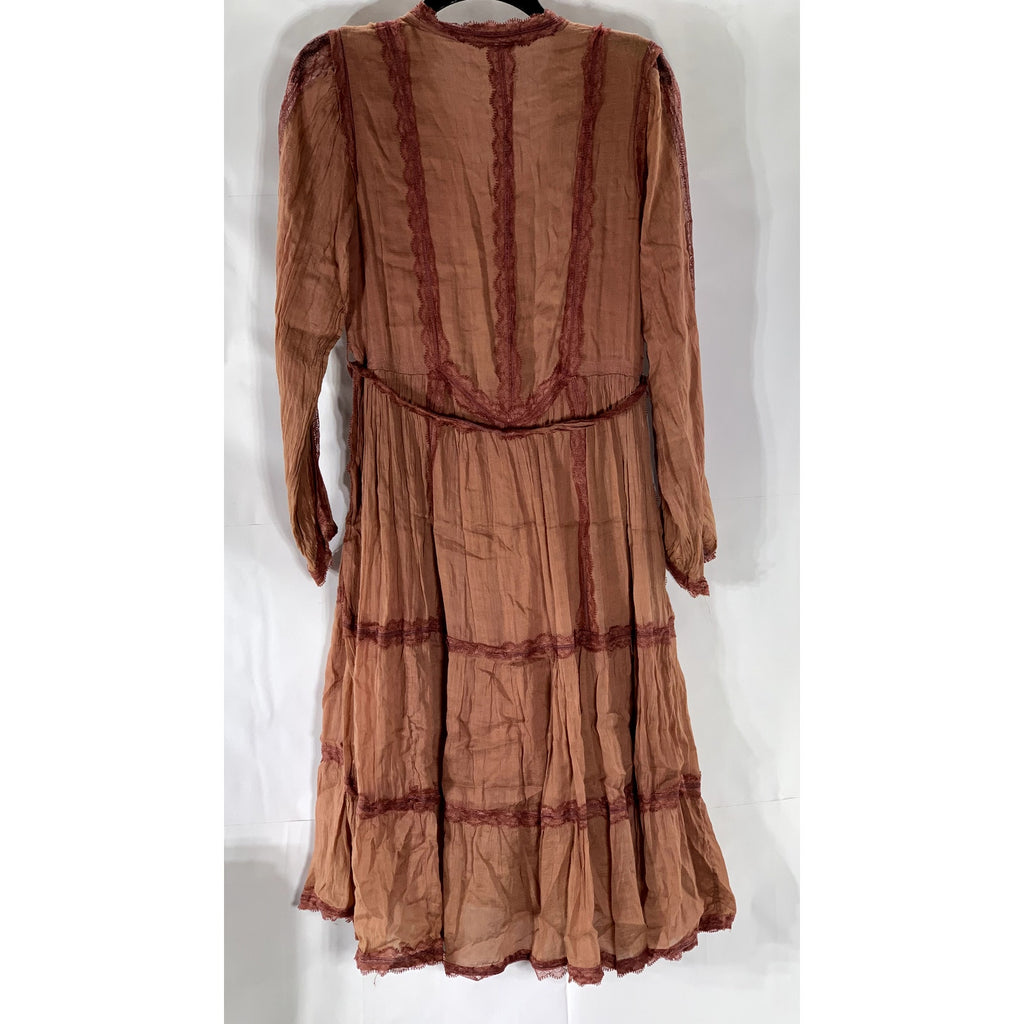 UNBRANDED Women's Burnt Orange Lace-Trim V-Neck Tiered Tie-Waist Midi Dress SZ S